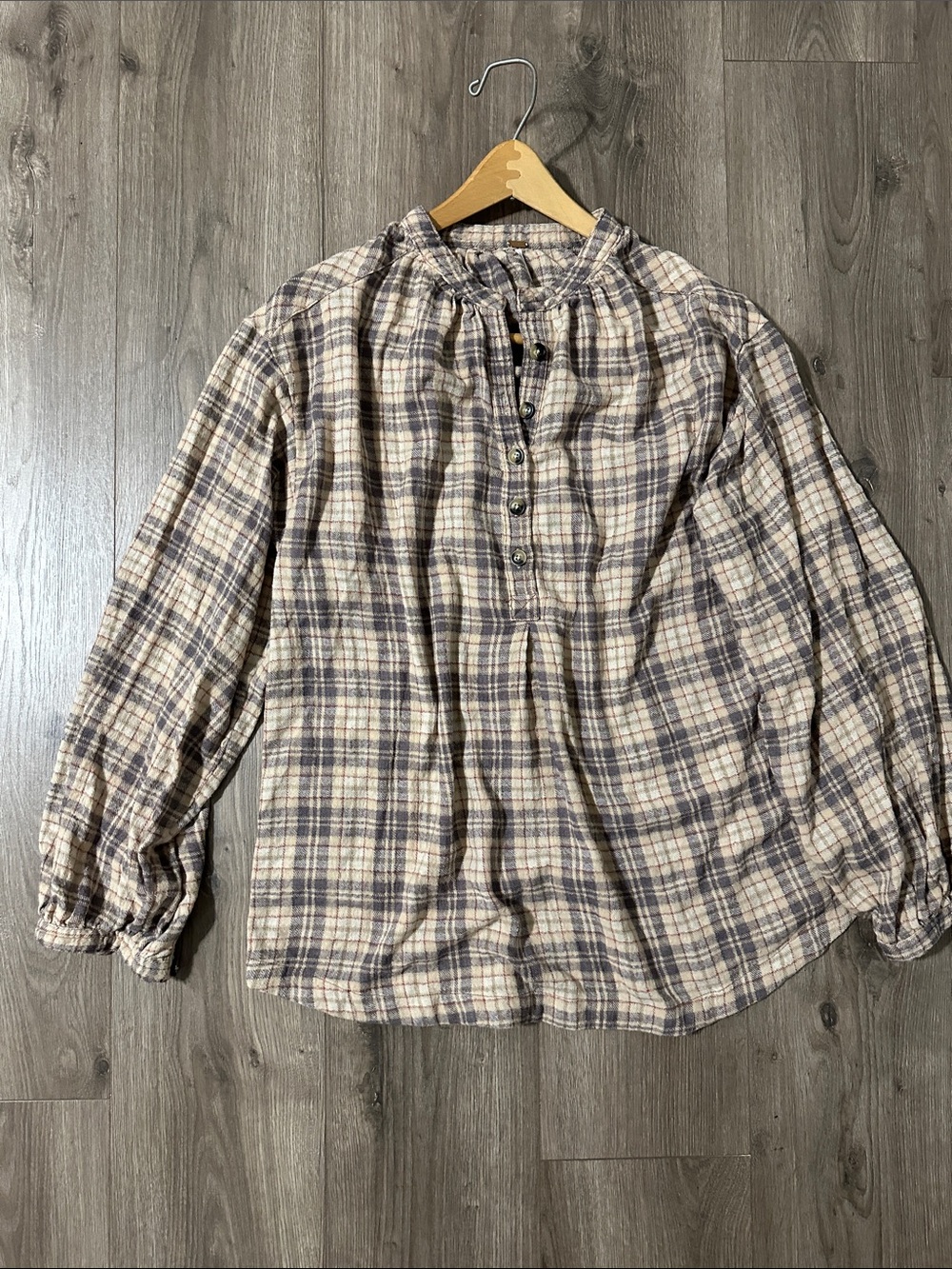Free People Plaid Button-Down Tunic Top - Beige & Gray
